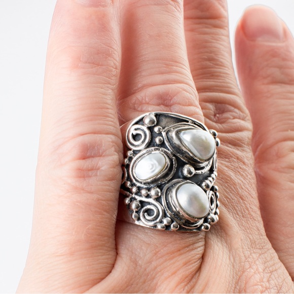 Vintage statement ring pearls & sterling silver 8 - Picture 10 of 16